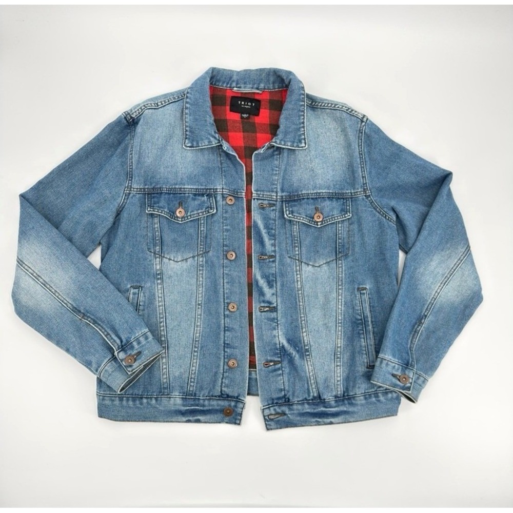 TRIOT Los Angeles Mens Denim Trucker Jacket Plaid Flannel Lined Blue Large